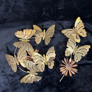 Brass & Copper Butterfly & Daisy Vintage 2 Piece Wall Art Mid-Century MCM 15”
